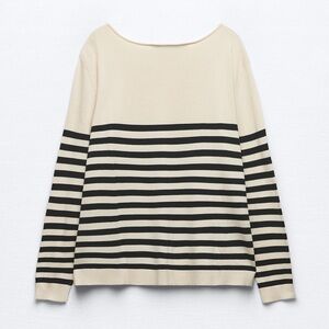 Zara cream and black stripe knit top Long sleeve round neck sweater size medium